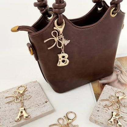 Gold Bubble Heart, Cherry, Bow & More Designs Letter Initial Keychain Bag Charms – Cute Purse Charms for Handbags - color: Bow & Butterfly, style: B