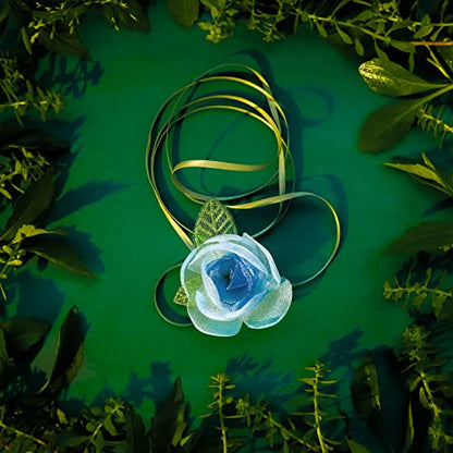 Black Choker Camellia Flower Lace-up Necklace For Women - color: Blue foliage flowers