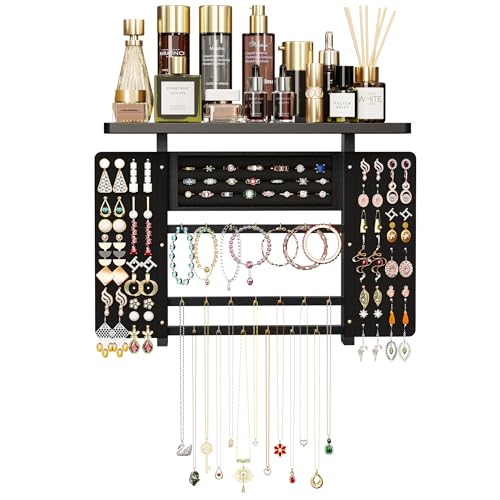 Emfogo Jewelry Organizer Hanging Wall Mounted Jewelry Holder, 5-in-1 Large Capacity Necklace Organizer Wall Display for Ring, Necklaces, Bracelets, Earrings(Black) - color: Black