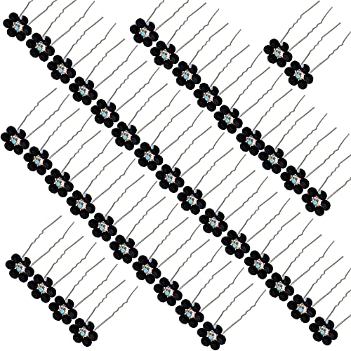 Rhinestone Flower Hair Pins, 40 Pcs U-Shaped Crystal Party Wedding Bridal Hair Accessories for Women Girls (Black) - color: Black
