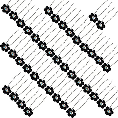 Rhinestone Flower Hair Pins, 40 Pcs U-Shaped Crystal Party Wedding Bridal Hair Accessories for Women Girls (Black) - color: Black