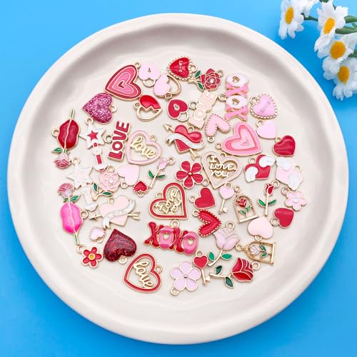 Youdiyla 50pcs Alloy enamel red pink Valentine's Day set Pendant Jewelry Making DIY Keychain Earrings Pendant Various Design Charms for Jewelry Making Bracelets Necklace (SN1045) - color: SN1045