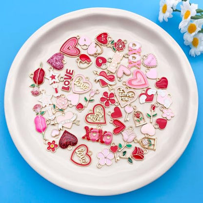 Youdiyla 50pcs Alloy enamel red pink Valentine's Day set Pendant Jewelry Making DIY Keychain Earrings Pendant Various Design Charms for Jewelry Making Bracelets Necklace (SN1045) - color: SN1045