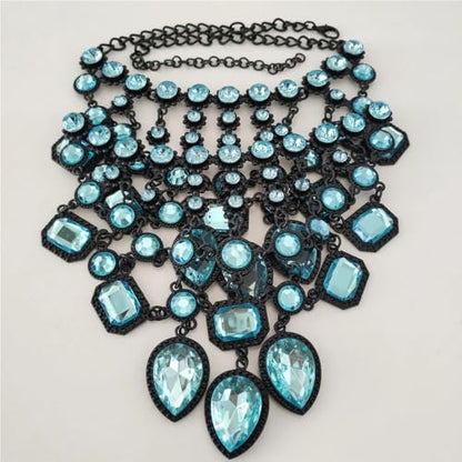 925 Sterling Silver Bib Jewelry Sets For Women - ZA Indian Ethnic Round Water Drop Crystal Tassel Necklace Earrings Jewelry Sets Statement Large, Chunky Rhinestone Necklace - color: Light Blue - Bib Necklace