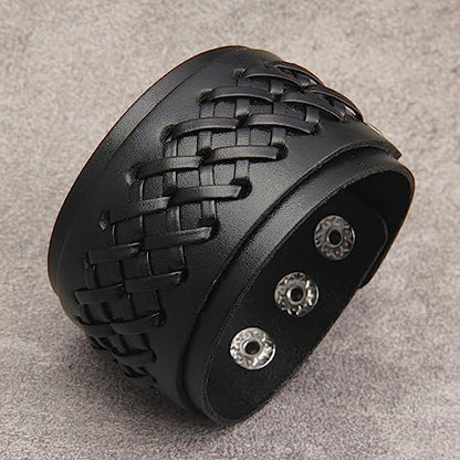 Jeilwiy Punk Leather Wristbands for Men Bracelets Handmade Wide Cuff Bangle Braided Jewelry Black Brown Adjustable - Punk Father's Gifts - color: Handmade Leather Bracelet