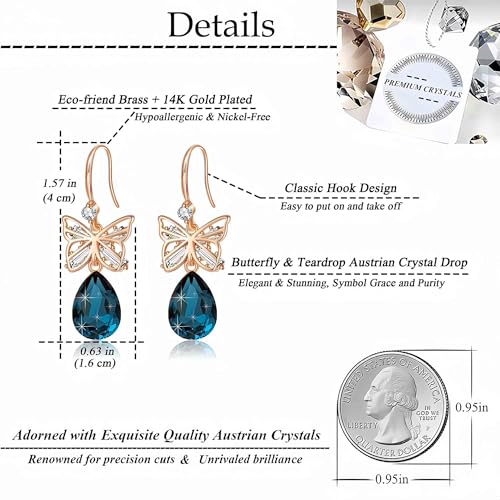 Austrian Crystal Teardrop Butterfly Drop Dangle Earrings for Women 14K Rose Gold Plated Hypoallergenic Jewelry - color: Dark Blue