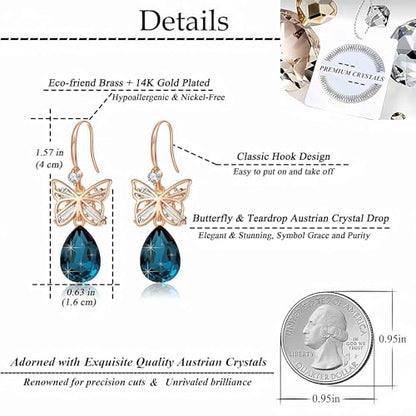 Austrian Crystal Teardrop Butterfly Drop Dangle Earrings for Women 14K Rose Gold Plated Hypoallergenic Jewelry - color: Dark Blue