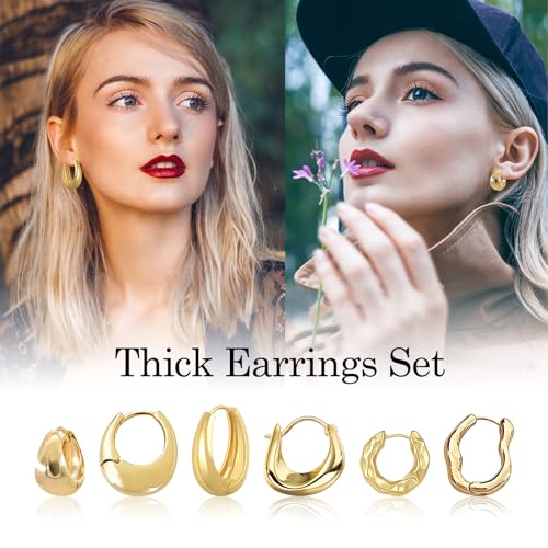 6 Pairs Gold Hoop Earrings Set for Women, 14K Gold Plated Huggie Chunky Earring Variety Pack, Hypoallergenic Thick Jewelry Gift - color: Gold Color