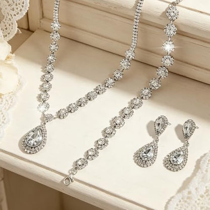 Silver Plated Necklace Earrings Bracelet Crystal Bridal Wedding Jewelry Sets for Wedding princess birthday party Halloween Prom Pageant Jewelry - color: 1-white