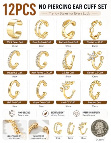 Ear Cuffs Non Piercing 14K Gold Plated Clip on Cartilage Earring for Women - Adjustable Lightweight Fake Piercings Ear Cuff Earrings Hypoallergenic Non Tarnish Earrings Jewelry