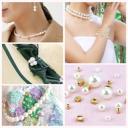 Gold Spacer and Pearl Beads for Bracelets, 5 Sizes White Pearls and 5 Styles Gold Beads, Bracelet Making Kit for Jewelry Making Necklaces Earrings DIY Crafts (720 Pcs)