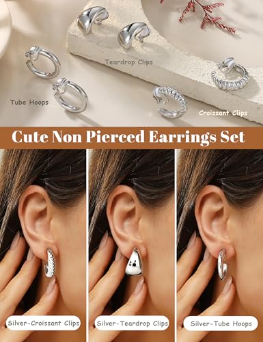 BESTEEL 3Pairs Clip on Earrings for Women Trendy Chunky Hoops Fake Earrings | Hypoallergenic 14K Gold Plated Lightweight Tube Croissant Waterdrop Clip-on Earrings Set Non Pierced Earrings Jewelry Gift - color: Silver-Stylish