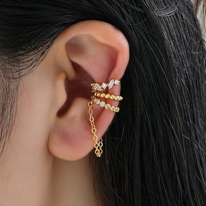3Pcs Ear Cuffs Non Piercings for Women, Trendy Cubic Zirconia Gold Silver Clip On Cuff Earrings Set Jewelry Dainty Fake Cartilage Earring - color: Gold Chain2