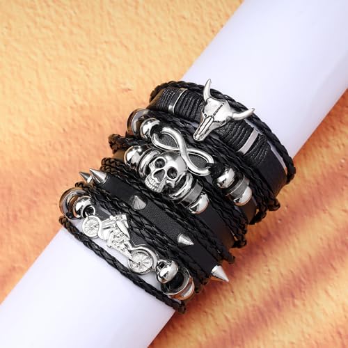 Braided Faux Leather Bracelet Punk Cuff Wrap Bracelets for Men Women Skull,Star,Bull bracelets - color: A7:5PCS