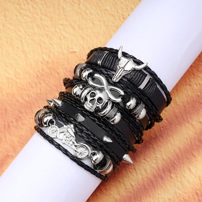 Braided Faux Leather Bracelet Punk Cuff Wrap Bracelets for Men Women Skull,Star,Bull bracelets - color: A7:5PCS