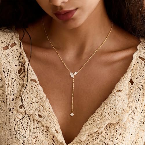 Ewrkbr Long Necklaces for Women, Dainty Gold Drop Necklace 14k Gold Plated CZ Y Shaped Lariat Necklace Simple Gold Necklaces for Women Trendy Summer Beach Accessories Wedding Prom Jewelry Gifts - color: Gold-Leaf Drop