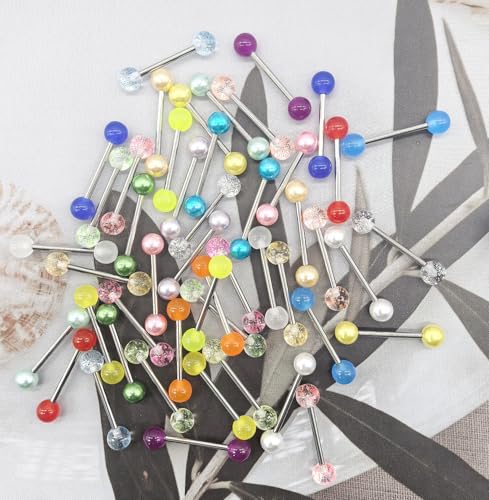 48pcs 14G Stainless Steel Nipple Rings Candy Color Tongue Straight Barbell Piercing Glow in Dark Retainer Piercing Jewelry for Women Men 16mm Bar