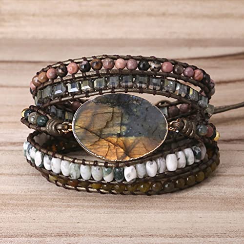 Women Wrap Bracelet Boho Natural Jasper Crystal Stone Beads Strand Bracelets - color: Style 10-Labradorite