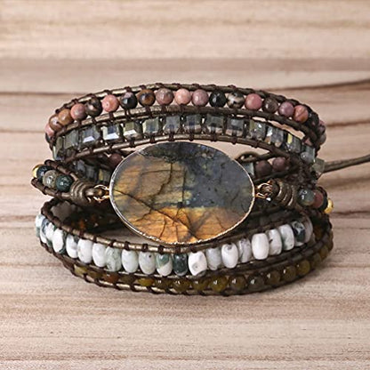 Women Wrap Bracelet Boho Natural Jasper Crystal Stone Beads Strand Bracelets - color: Style 10-Labradorite