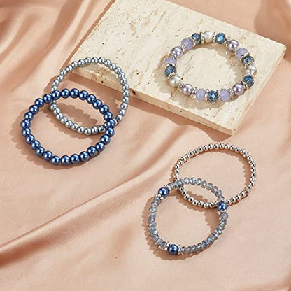 Noessla Beaded Pearl Stretch Bracelet Silver Stackable Crystal Beads Bracelets Trendy Costume Jewelry Mothers Day Gifts for Women - color: Blue