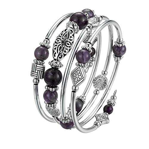 BULINLIN Layered Wrap Bangle Turquoise Bracelet - Bead Bracelet with Natural Agate Stone, Gifts For Women - color: 02-Purple
