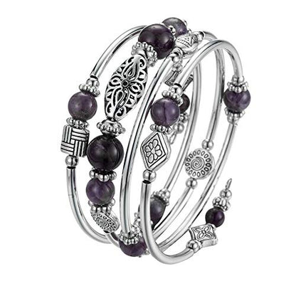 BULINLIN Layered Wrap Bangle Turquoise Bracelet - Bead Bracelet with Natural Agate Stone, Gifts For Women - color: 02-Purple