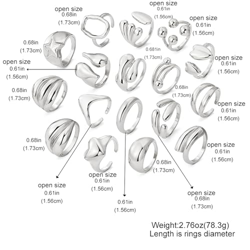 Chunky Rings for Women Non Tarnish 14k Stackable Dome Statement Rings Sets Vintage Dainty Knuckle Open Midi Finger Rings Jewelry Pack Gifts - style: Silvery 17 pieces