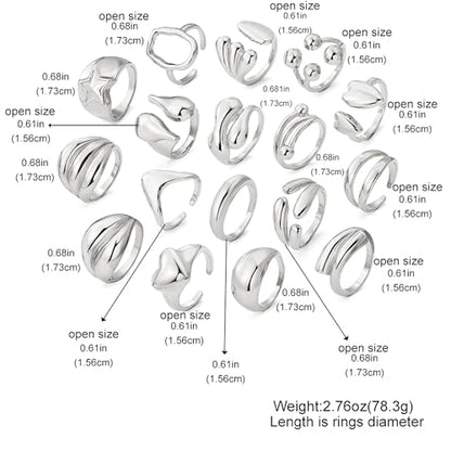 Chunky Rings for Women Non Tarnish 14k Stackable Dome Statement Rings Sets Vintage Dainty Knuckle Open Midi Finger Rings Jewelry Pack Gifts - style: Silvery 17 pieces