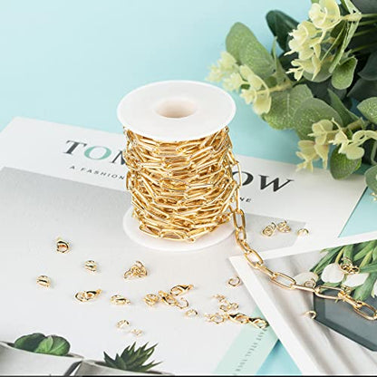 16.4 Feet Aluminum Oval Light Gold Chains for Jewelry Making Unwelded Textured Paperclip Link Cable Chain Roll Necklace Chains Bulk with Lobster Clasps and Jump Rings - color: 6.5×15.5mm-Gold