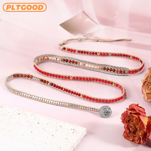 Boho 5 Wrap Bead Bracelet for Men Women - Handmade Adjustable Natural Chakras Stone Crystal Beaded Bracelets Cuff Rope Yoga Healing Bracelet Bangle Hippie Jewelry - color: Red