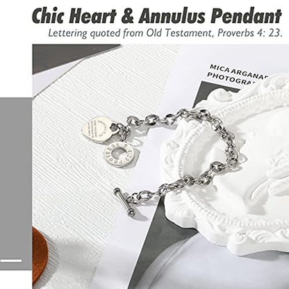 Emibele Heart Charm Bracelet for Women, Bible Verse Bracelet Stainless Steel 18K Gold Plated Bracelet Love Pendant Link Chain OT Clasp, Birthday Christmas Jewelry Gift for Mother Her - color: Silver