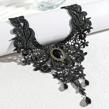 Fesciory Black Necklaces for Women, Adjustable Layered Velvet Leather Lace Collar Necklace, Goth Jewelry Gifts. - color: Gem