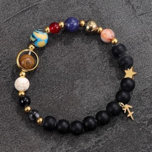 Solar System Planet Bead Zodiac Sign Stretch Bracelet for Men Women | Matte black beads with solar system planet stones, unisex design, perfect birthday holiday gift for men women - color: Sagittarius