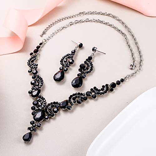 EVER FAITH Rhinestone Crystal Bridal Floral Wave Teardrop Necklace Earrings Set - color: 2pcs_Black