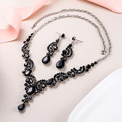 EVER FAITH Rhinestone Crystal Bridal Floral Wave Teardrop Necklace Earrings Set - color: 2pcs_Black