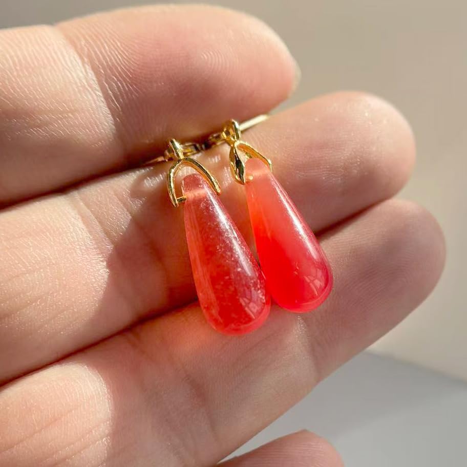 Natural Waterdrop Stone Drop Earrings,Yellow Gold Plated Real Genuine Teardrop Crystal Quartz Gemstone Dangle Earrings for Women Her - color: B04_Red Quartz Jasper
