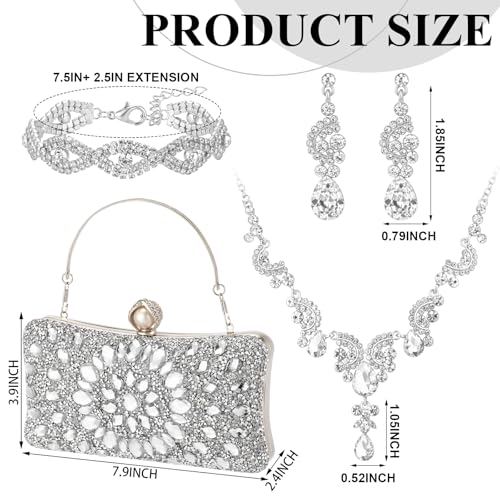 Quelay 4 Pcs Purse Rhinestone Jewelry Set Women | Wedding Bridal Prom Jewelry Sparkly Clutch Handbag with Necklace Bracelet Dangle Earrings Shiny Costume Kit - color: Silver, style: Sparkly