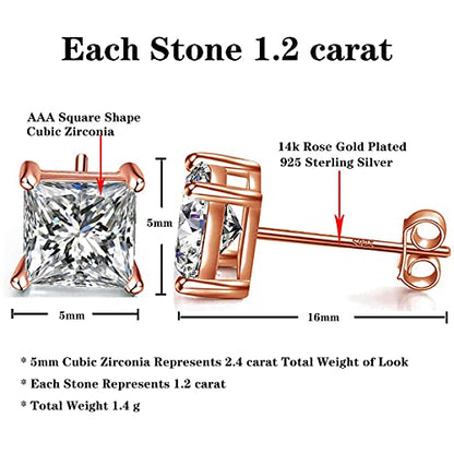 925 Sterling Silver Stud Earrings 4 Prong Princess Cut Square Cubic Zirconia Ear Stud for Women Men CZ 4mm-7mm - style: Rose Gold--2.40cttw (5mm)