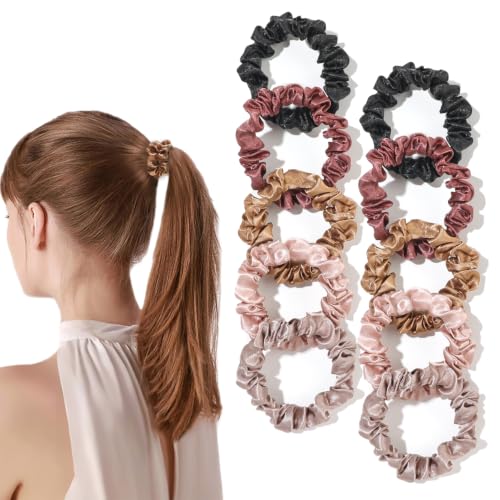Silk Hair Ties Satin Scrunchies - Small Mini Scrunchy for Women Thick Hair Accessories Cute Soft No Slip Hair Elastics Ponytail Holder for Curly Hair No Damage Hairties Gift for Girls - color: Light-Yellow