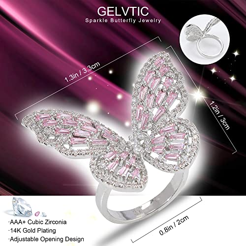 Butterfly Rings for Women Adjustable Golden Cocktail Ring Sparkly Stones Statement Silver Bow Open Wrap Bow Jewelry Bridesmaids Wedding Valentine’s Day Gift Lover Mother - color: JZ03-Silver Pink