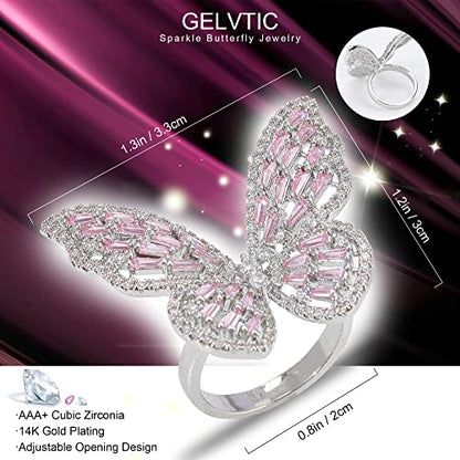 Butterfly Rings for Women Adjustable Golden Cocktail Ring Sparkly Stones Statement Silver Bow Open Wrap Bow Jewelry Bridesmaids Wedding Valentine’s Day Gift Lover Mother - color: JZ03-Silver Pink
