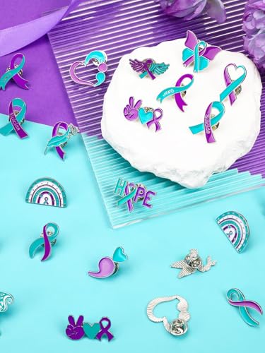 JUNEBRUSHS 28pcs Suicide Prevention Awareness Pins Purple Teal Ribbon Lapel Pins for Suicide Prevention Awareness Teens Adults Children Party Event Favors Decor Accessories - style: Suicide Prevention Awareness Style