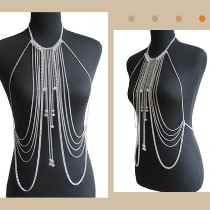 CanB Body Chain Necklace Flower Lace Body Chain Layered Tassel Body Crossover Harness Sexy Body Accessories for Women and Girls