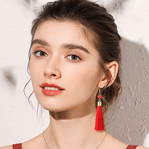4Pairs Tassel Earrings For Women Fan Shape Tassel Earrings Long Thread Tassel Earrings Bohemian Fringe Drop Handmade Earrings - style: 4 Red