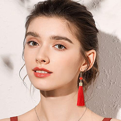 4Pairs Tassel Earrings For Women Fan Shape Tassel Earrings Long Thread Tassel Earrings Bohemian Fringe Drop Handmade Earrings - style: 4 Red