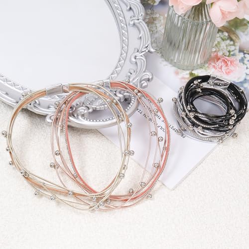 2 Pcs Leather Wrap Bracelets for Women Boho Rustic Multi-Layer Bracelet Clasp Beads Stackable Faux Rhinestone Bracelet Cuff for Women Slender Wrist - color: Black