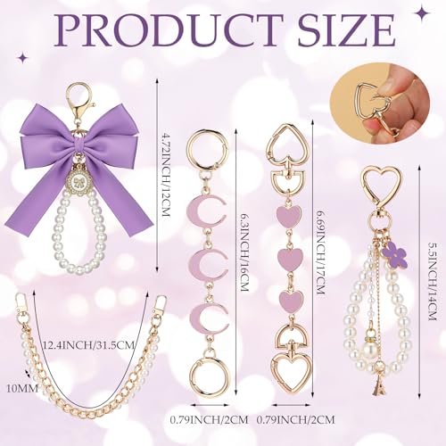 Sureio 5 Pcs Bag Extender Chain Pearl Purse Chain Ribbon Bow Keychain Extender Bag Strap Purse Charms Accessories for Handbag - color: Purple and Gold