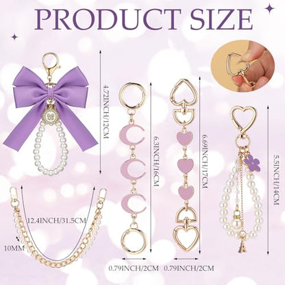 Sureio 5 Pcs Bag Extender Chain Pearl Purse Chain Ribbon Bow Keychain Extender Bag Strap Purse Charms Accessories for Handbag - color: Purple and Gold
