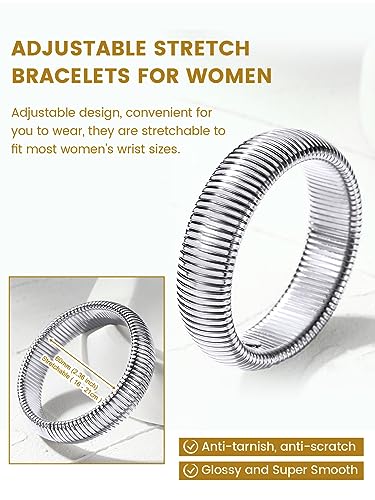 KeyStyle Bangle Bracelets For Women, Stainless Steel Stretch Bracelet Wide | 14K Gold/Rose Gold/Black/Silver Plated Flexible Wide Twisted Link Chain Wristband Jewelry, 10Mm, 16Mm, 20Mm - color: 16mm - Steel
