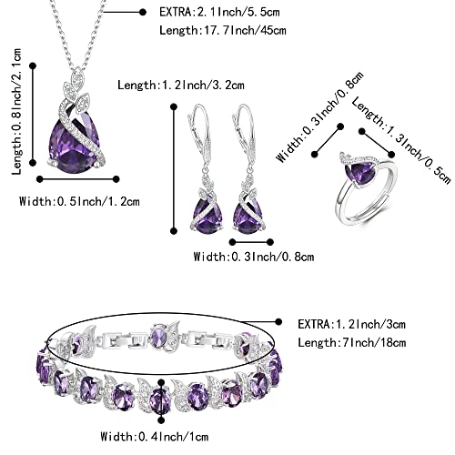 Jewelry Set for Bride, Sparkling Water Drop Cubic Zirconia Crystal Pendant Necklace Leverback Earrings Tennis Bracelet Adjustable Ring Gift for Wedding/Birthday/Mother's Day/Christmas - color: 02-Purple Silver-Tone